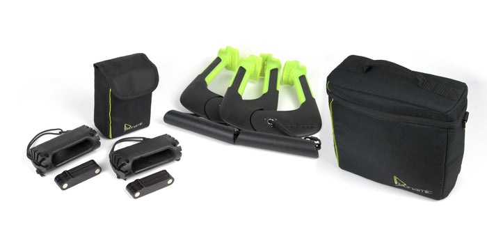 Duonamic portable pull-up system with handles, accessories and carrying case on white background.