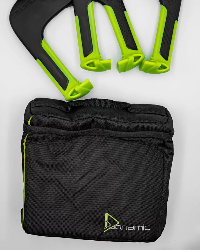 Duonamic travel bag with portable Eleviia fitness handles.
