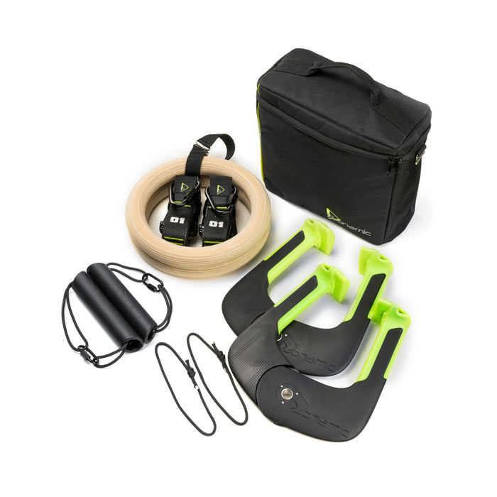 Duonamic Eleviia complete portable fitness system with rings, door mounts, straps, handles, and carrying bag.