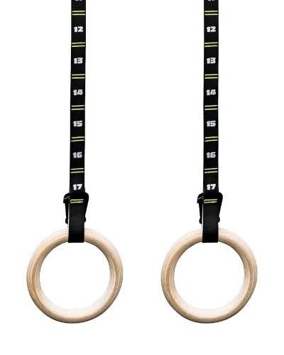 Duonamic wooden gymnastic rings with numbered adjustable straps.